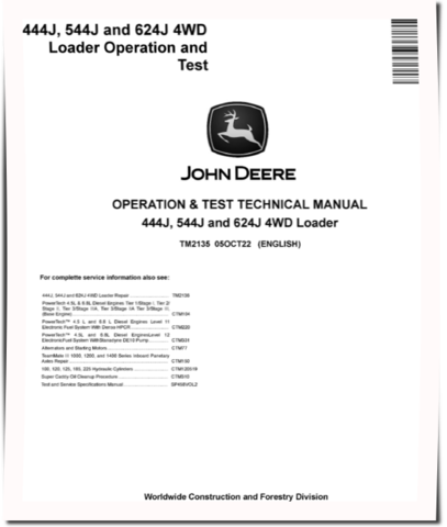 John Deere 444J (SN. before 611274), 544J (SN. before 611799) and 624J (SN. before 611796) 4WD Loaders Operation and Test Manual (TM2135)