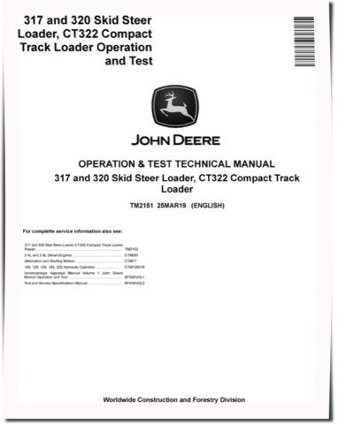 John Deere CT322 Compact Track Loaders, 317 and 320 Skid Steer Loaders Operation and Test Manual (TM2151)
