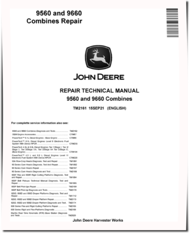 John Deere 9560 (SN. from 705201) and 9660 (SN. from 705201) Combines Repair Manual (TM2161)