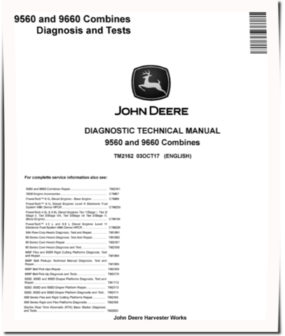 John Deere 9560 (SN. from 705201) and 9660 (SN. from 705201) Combines Diagnostic Manual (TM2162)