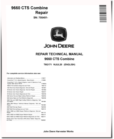 John Deere 9660 CTS (SN. ftom 705401) Combines Repair Manual (TM2171)