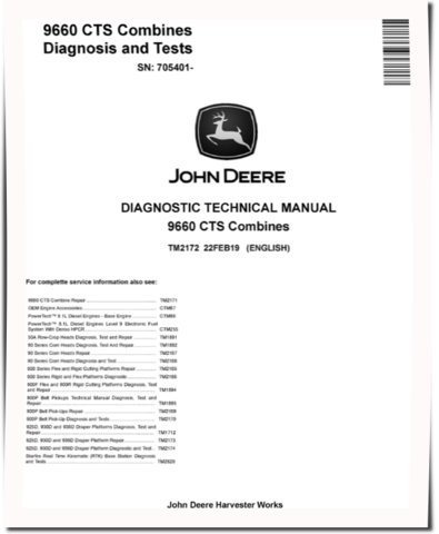John Deere 9660 CTS (SN. from 705401) Combines Diagnostic Manual (TM2172)