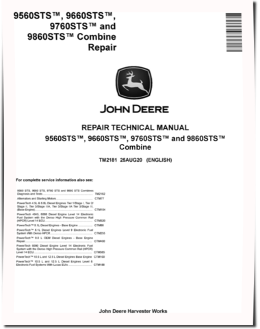 John Deere 9560 STS, 9660 STS, 9760 STS and 9860 STS Combines Repair Manual (TM2181)