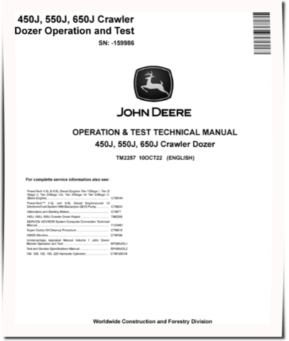 John Deere 450J, 550J and 650J Crawler Dozers (SN. before 141666) Operation and Test Manual (TM2257)