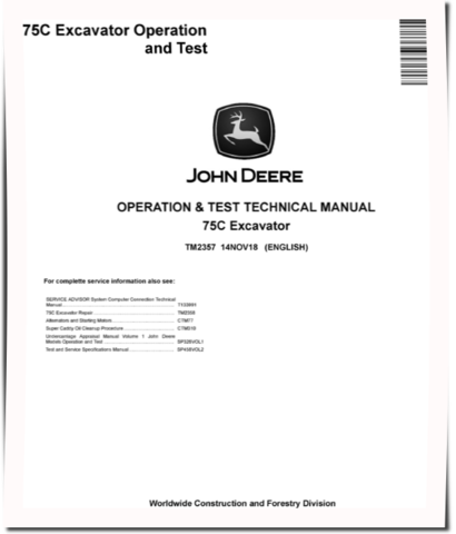 John Deere 75C Crawler Excavators Operation and Test Manual (TM2357)