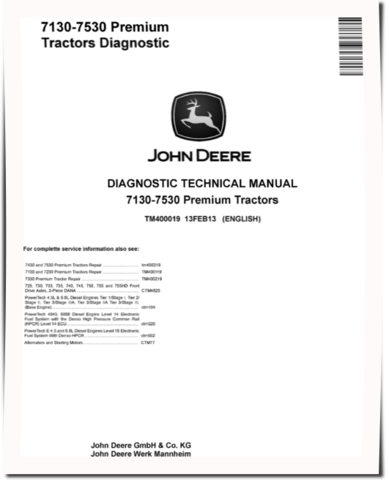 John Deere 7130, 7230, 7330, 7430 and 7530 Premium Tractors (North America) Diagnostic Service Technical Manual (TM400019)