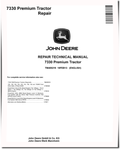 John Deere 7330 Premium Tractors (North America) Repair Manual (TM400219)
