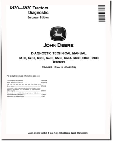 John Deere 6130, 6230, 6330, 6430, 6530, 6534, 6630, 6830 and 6930 Tractors (European Edition) Diagnostic Manual (TM400419)