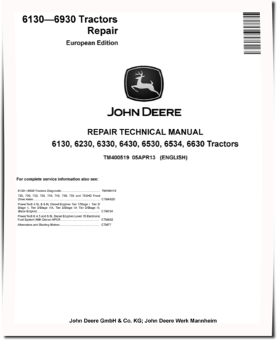 John Deere 6130, 6230, 6330, 6430, 6530, 6534 and 6630 Tractors (European Edition) Repair Manual (TM400519)
