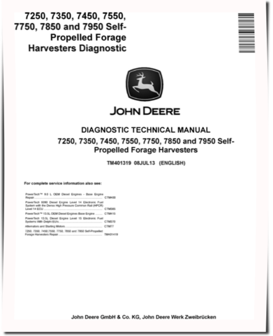 John Deere 7250, 7350, 7450, 7550, 7750, 7850 and 7950 Self-Propelled Forage Harvesters Diagnostic Manual (TM401319)
