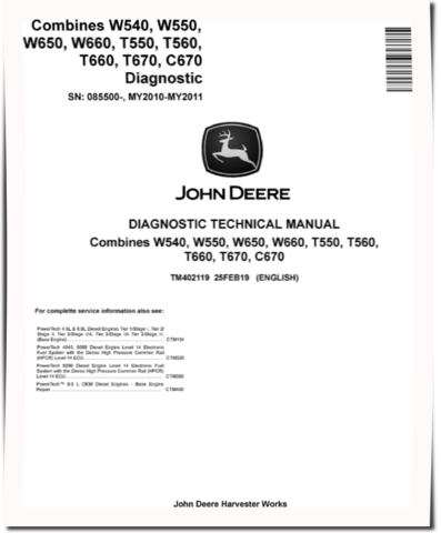 John Deere C670, T550, T560, T660, T670, W540, W550, W650 and W660 MY2010-MY2011 Combines (SN. from 085500) Diagnostic Manual (TM402119)