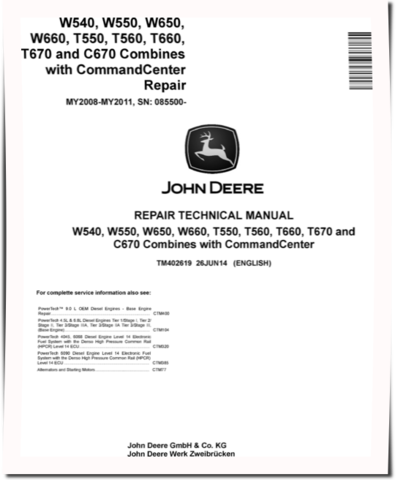 John Deere C670, T550, T560, T660, T670, W540, W550, W650 and W660 MY2008-2011 Combines (SN. from 085500) Repair Manual (TM402619)