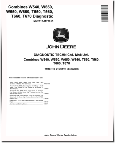 John Deere T550, T560, T660, T670, W540, W550, W650 and W660 (MY2012-2013) Combines Diagnostic Manual (TM404119)
