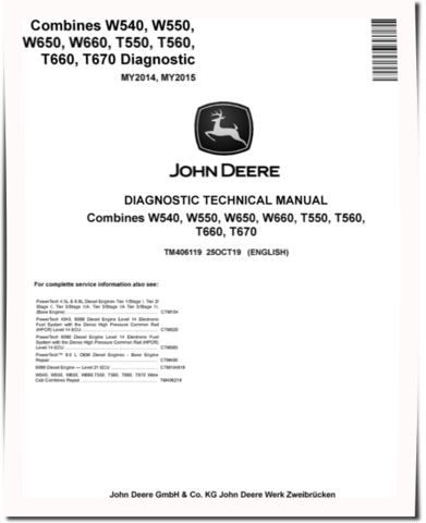 John Deere T550, T560, T660, T670, W540, W550, W650 and W660 (MY2014-2015) Combines Diagnostic Manual (TM406119)