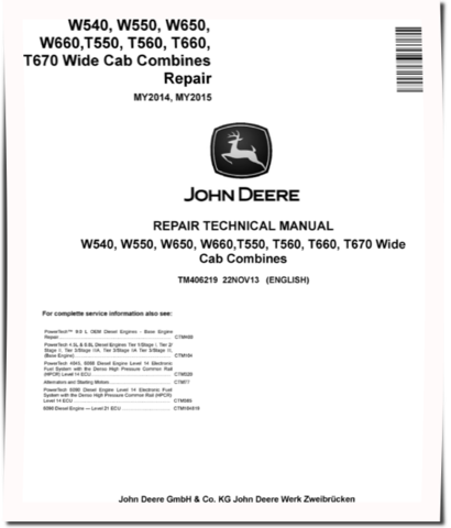 John Deere T550, T560, T660, T670, W540, W550, W650 and W660 (MY2014-2015) Combines Repair Manual (TM406219)