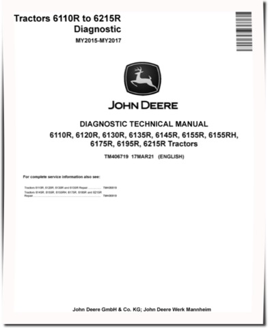 John Deere 6110R, 6120R, 6130R, 6135R, 6145R, 6155R, 6155RH, 6175R, 6195R and 6215R Tractors (MY15-17) Diagnostic Manual (TM406719)