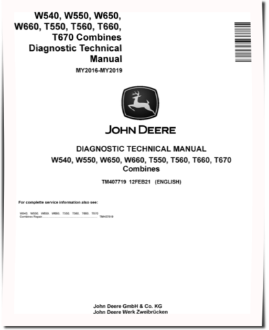 John Deere T550, T560, T660, T670, W540, W550, W650 and W660 (MY2016-2019) Combines Diagnostic Manual (TM407719)