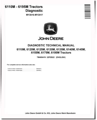 John Deere 6110M, 6120M, 6125M, 6130M, 6135M, 6140M, 6145M, 6155M, 6175M, 6195M Tractors (MY16-17) Diagnostic Manual (TM408419)