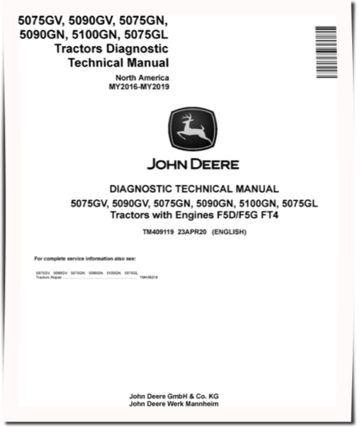 John Deere 5075GL, 5075GN, 5075GV, 5090GN, 5090GV and 5100GN Tractors (North America, MY16-19) Diagnostic Manual (TM409119)