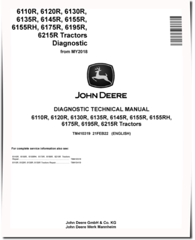 John Deere 6110R, 6120R, 6130R, 6135R, 6145R, 6155R, 6155RH, 6175R, 6195R and 6215R Tractors (from MY18) Diagnostic Manual (TM410319)