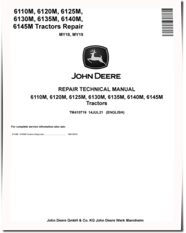 John Deere 6110M, 6120M, 6125M, 6130M, 6135M, 6140M and 6145M Tractors (MY18-19) Repair Manual (TM410719)