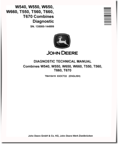 John Deere T550, T560, T660, T670, W540, W550, W650 and W660 Combines (SN: 135000-144999) Diagnostic Manual (TM415419)