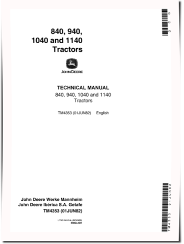 John Deere 1040, 1140, 840 and 940 Tractors Technical Manual (TM4353)
