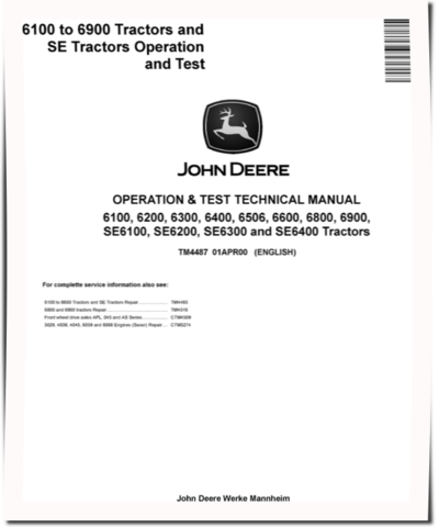 John Deere 6100, 6100SE, 6200, 6200SE, 6300, 6300SE, 6400, 6400SE, 6506, 6600, 6800 and 6900 Tractors (Europe) Operation and Test Manual (TM4487)