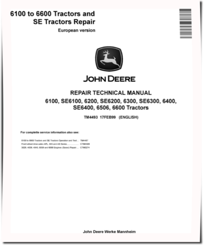 John Deere 6100, 6100SE, 6200, 6200SE, 6300, 6300SE, 6400, 6400SE, 6506 and 6600 Tractors (Europe) Repair Manual (TM4493)