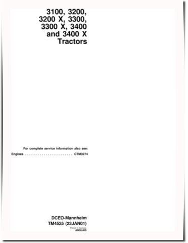 John Deere 3100, 3200, 3200X, 3300, 3300X, 3400 and 3400X Tractors Technical Manual (TM4525)