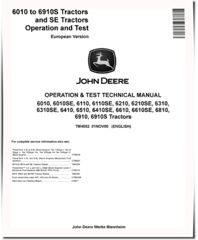 John Deere 6010(SE), 6110(SE), 6210(SE), 6310(SE), 6410(SE), 6510, 6610(SE), 6810, 6910 and 6910S Tractors (European Edition) Operation and Test Manual (TM4552)