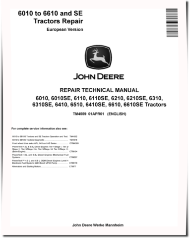 John Deere 6010(SE), 6110(SE), 6210(SE), 6310(SE), 6410(SE), 6510, 6610(SE) Tractors (European Edition) Repair Manual (TM4559)