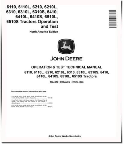 John Deere 6110(L), 6210(L), 6310(L,S), 6410(L,S), 6510L and 6510S Tractors (North American Edition) Operation and Test Manual (TM4572)