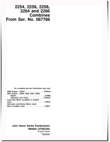 John Deere 2254, 2256, 2258, 2264 and 2266 Combines (Europe) Technical Manual (TM4594)