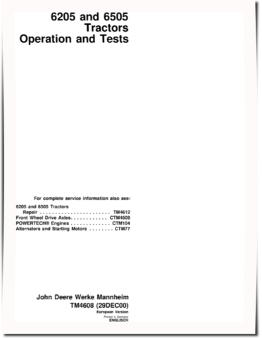 John Deere 6205 and 6505 Tractors Operation and Test Manual (TM4608)
