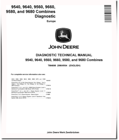 John Deere 9540, 9560, 9580, 9640, 9660, 9680 CWS and WTS Combines (European Edition) Diagnostic Manual (TM4698)