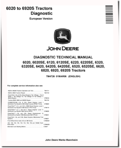 John Deere 6020, 6020SE, 6120, 6120SE, 6220, 6220SE, 6320, 6320SE, 6420, 6420S, 6420SE, 6520, 6520SE, 6620, 6820, 6920 and 6920S Tractors (European Edition) Diagnostic Manual (TM4726)