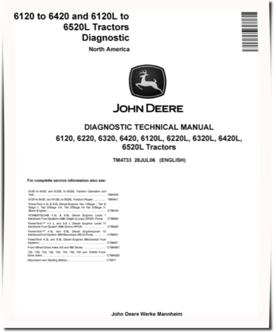 John Deere 6120, 6120L, 6220, 6220L, 6320, 6320L, 6420, 6420L and 6520L Tractors (North America) Diagnostic Manual (TM4733)
