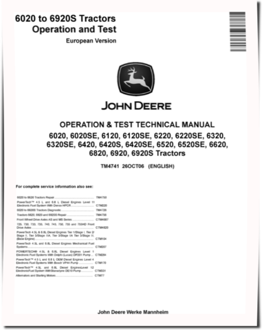 John Deere 6020, 6120, 6220, 6320, 6420, 6520, 6620 and SE; 6420S, 6820, 6920 and 6920S Tractors (European Edition) Operation and Test Manual (TM4741)