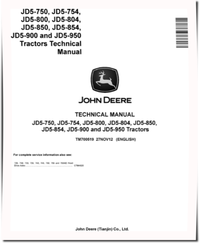 John Deere JD5-750, JD5-754, JD5-800, JD5-804, JD5-850, JD5-854, JD5-900 and JD5-950 China Tractors Technical Manual (TM700519)