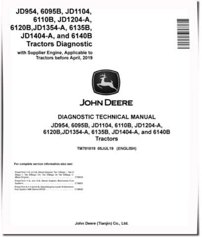 John Deere JD1104, JD1204-A, JD1354-A, JD1404-A, JD954 China Tractors, 6095B, 6110B, 6120B, 6135B, 6140B Tractors Diagnostic Manual (TM701819)