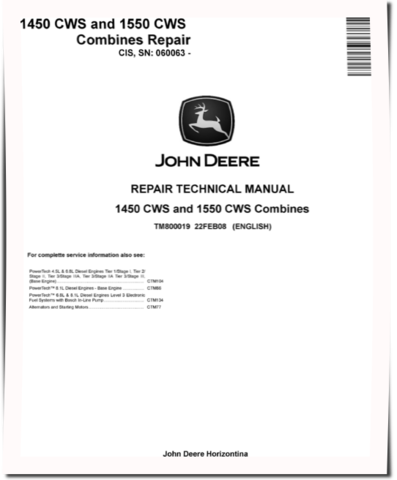 John Deere 1450 CWS and 1550 CWS (SN. from 060063) Combines (CIS) Repair Manual (TM800019)