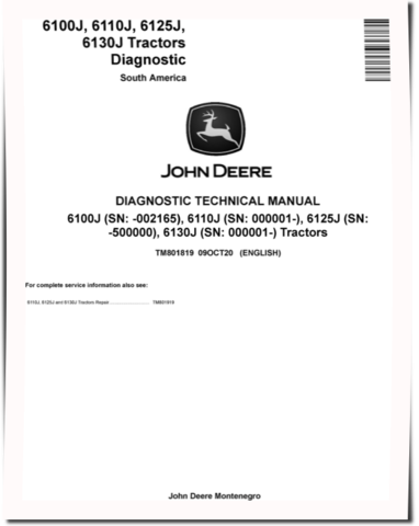 John Deere 6100J (SN. up to 002165), 6110J, 6125J (SN. up to 500000) and 6130J Tractors Diagnostic Manual (TM801819)