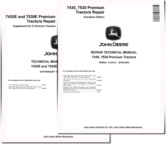 John Deere 7430, 7430E, 7530 and 7530E Premium Tractors (European Edition) set of Repair Manuals (TM8042)