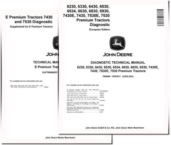 John Deere 6230, 6330, 6430, 6530, 6534, 6630, 6830, 6930, 7430, 7430E, 7530 and 7530E Premium Tractors (European Edition) Diagnostic Manual (TM8060)