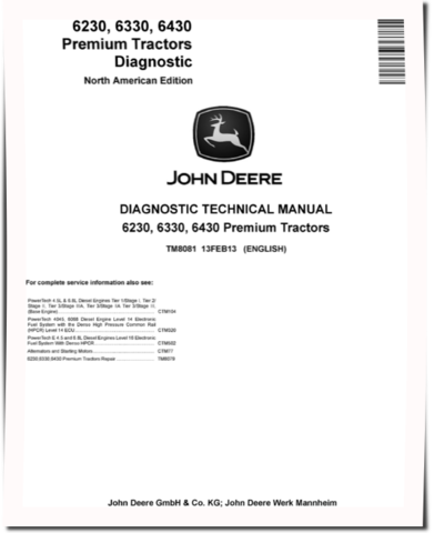 John Deere 6230 Premium, 6330 Premium and 6430 Premium Tractors (North American Edition) Diagnostic Manual (TM8081)