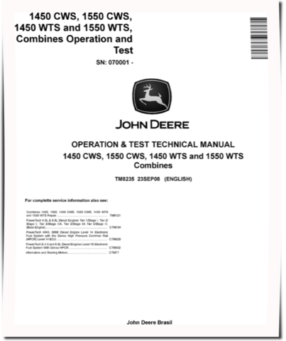 John Deere 1450 CWS, 1450 WTS, 1550 CWS and 1550 WTS Combines (SN. from 070001) Operation and Test Manual (TM8235)