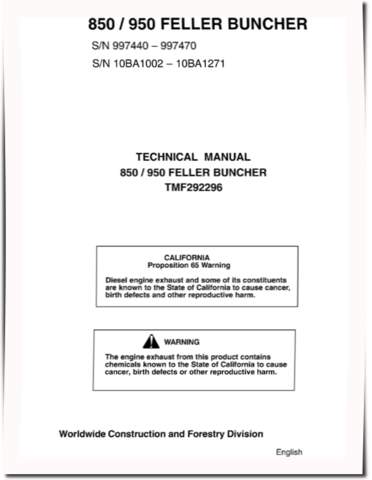 John Deere / TimberJack 850 and 950 Feller Bunchers Technical Manual (TMF292296)