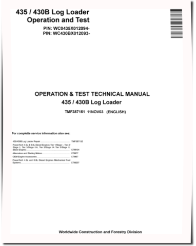 John Deere 435 and TimberJack 430B Knuckleboom Trailer Mount Log Loaders Operation and Test Manual (TMF387151)