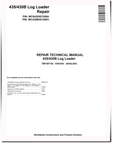 John Deere 435 and TimberJack 430B Knuckleboom Trailer Mount Log Loaders Repair Manual (TMF387152)